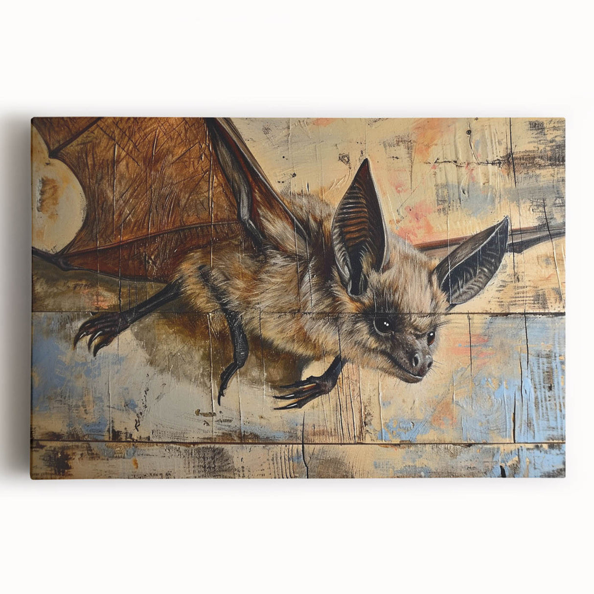 Stretched canvas wall art featuring a detailed bat design in a vibrant color palette, perfect for wildlife enthusiasts and modern decor. Ideal for adding unique character to living spaces.