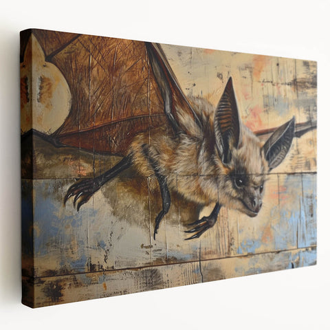 Stretched canvas art featuring a vibrant bat design from the "Animals of the Wild" collection, showcasing intricate details and rich colors, ideal for wildlife enthusiasts.