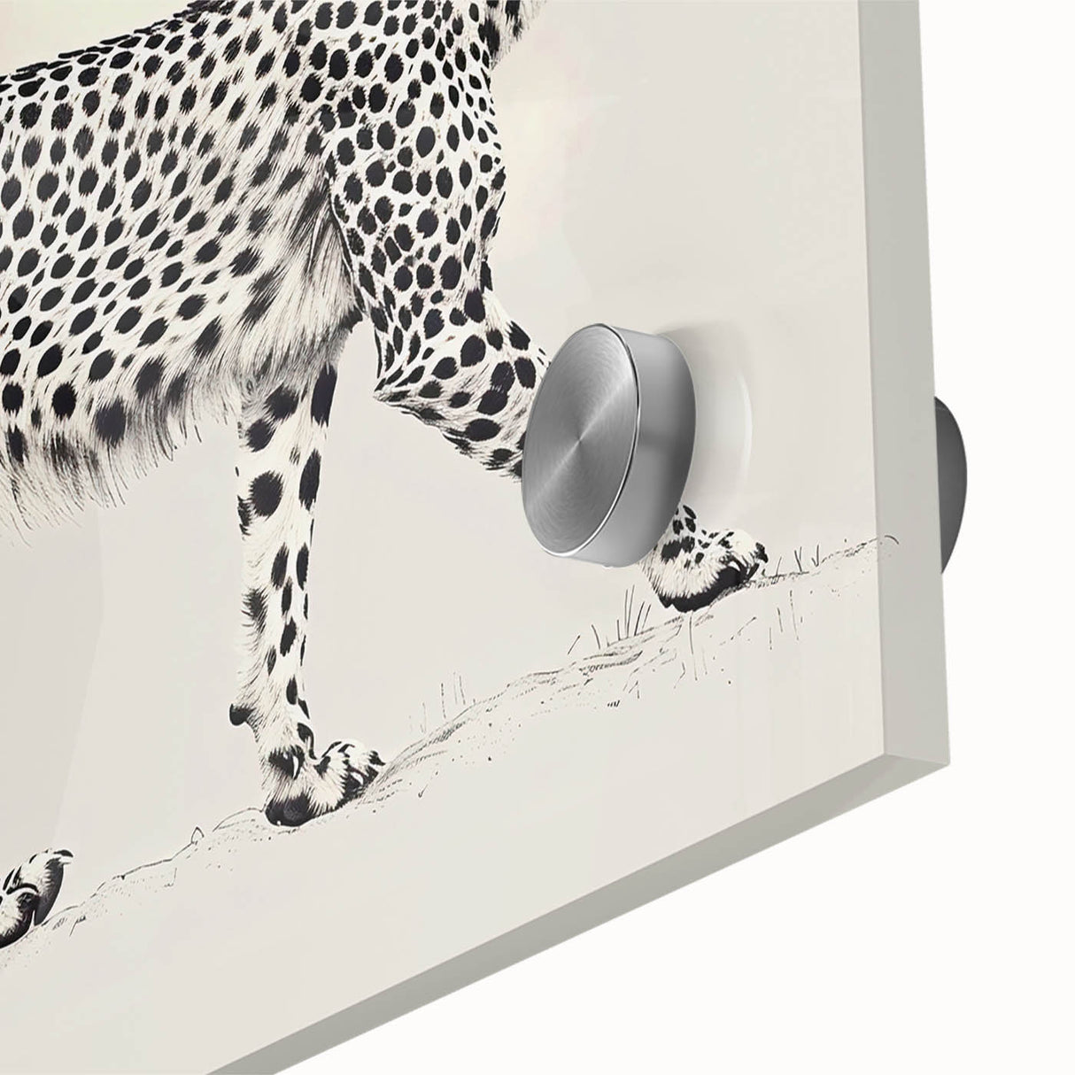 Close-up of a striking acrylic glass wall art piece featuring a cheetah in the wild, showcasing its vibrant colors and intricate details, perfect for animal lovers.