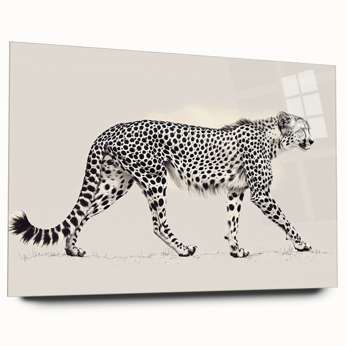 Cheetah wall art design on acrylic glass, showcasing a side view of a majestic cheetah in a natural setting, perfect for wildlife lovers and home decor enthusiasts.