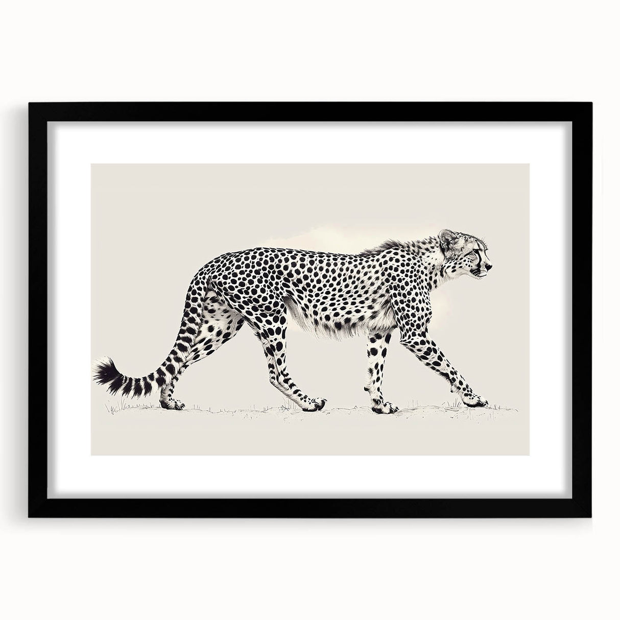Cheetah-themed wall art design featuring a striking black frame and mat, showcasing vibrant wildlife colors and intricate details, perfect for nature lovers.
