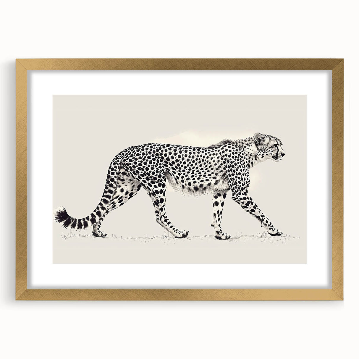 Framed wall art showcasing a striking cheetah design, highlighted with gold accents, ideal for wildlife enthusiasts and modern home decor. The artwork features vivid colors and intricate details, perfect for adding a touch of elegance to any living space.