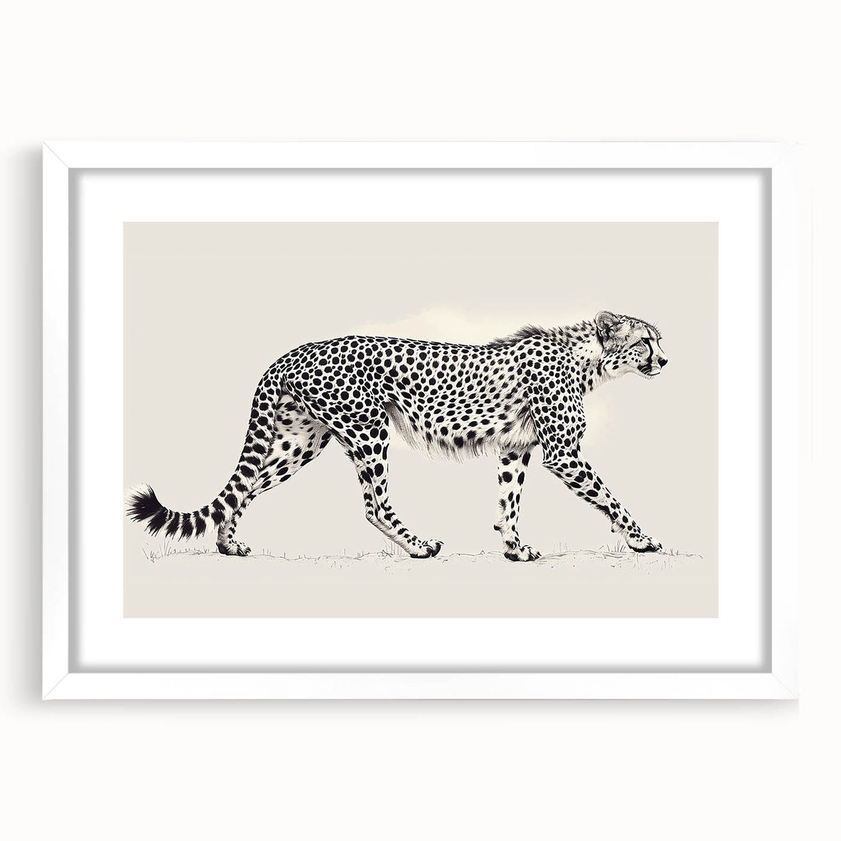 Cheetah-themed wall art design showcasing a striking close-up of a cheetah in a natural setting, framed with a white mat for an elegant presentation. Perfect for wildlife enthusiasts and modern home decor.