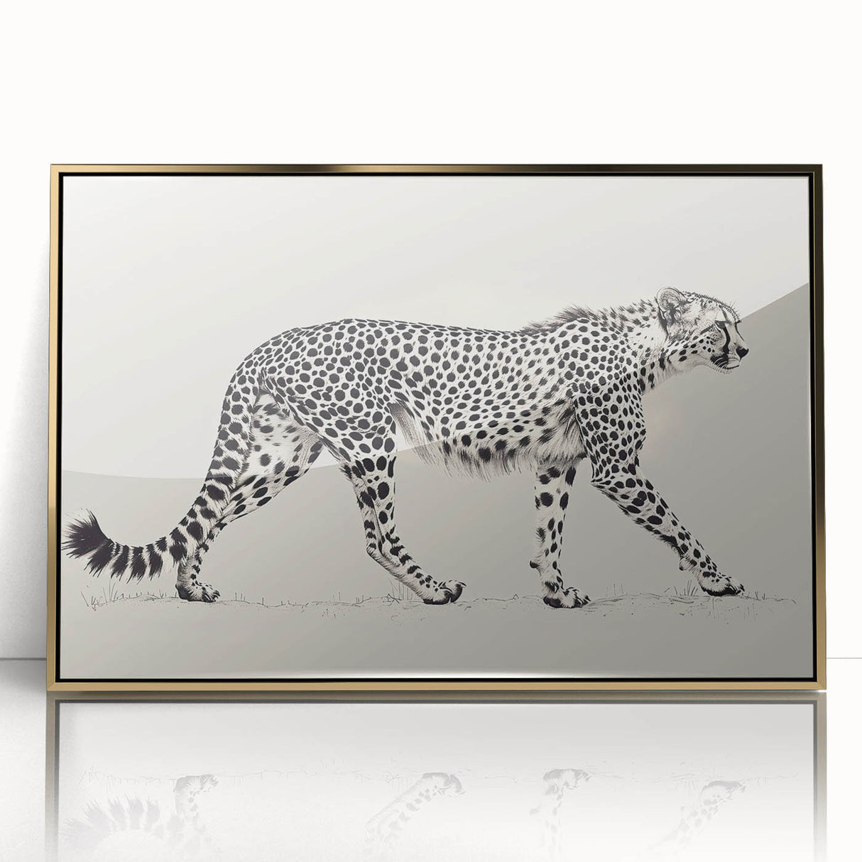 Framed wall art featuring a striking cheetah design in gold tones, showcasing the animal's fierce expression and intricate details, perfect for wildlife enthusiasts.