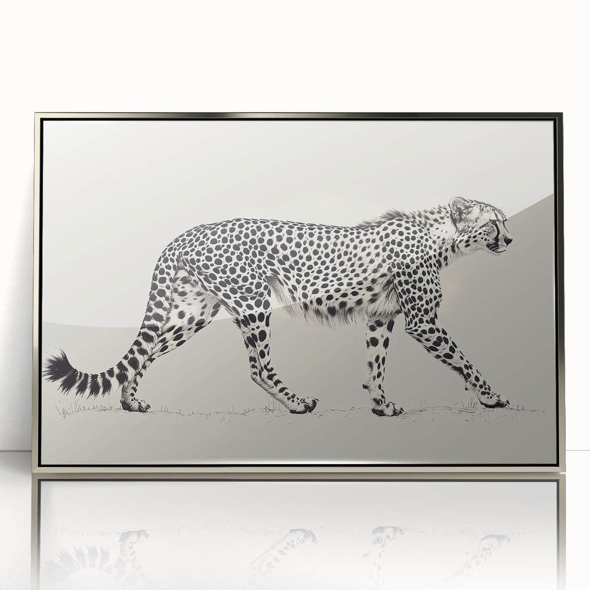 Framed wall art featuring a stunning cheetah design in a silver-acrylic finish, showcasing intricate details and vibrant colors, perfect for wildlife enthusiasts.