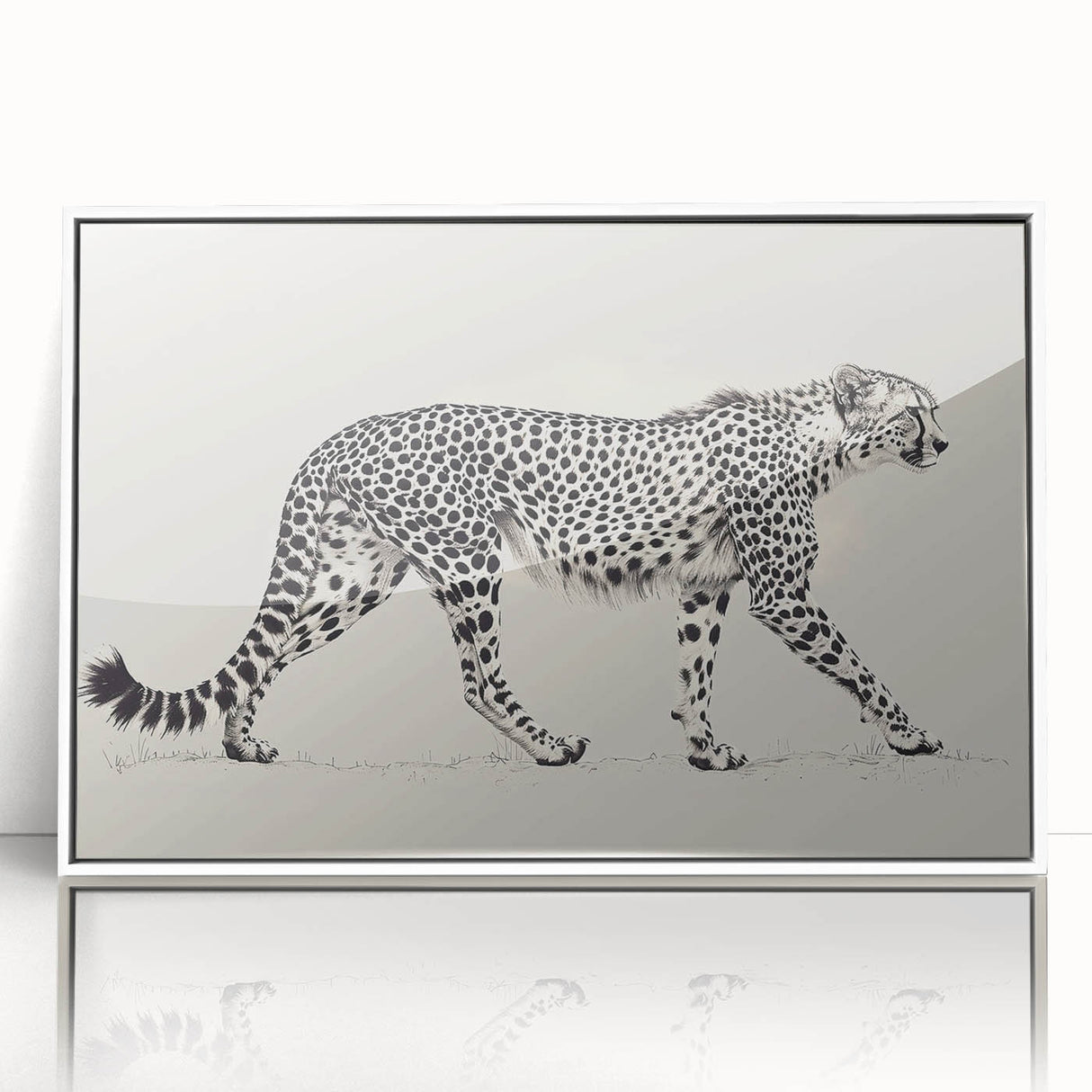 Framed acrylic wall art featuring a striking cheetah design on a white background, perfect for wildlife enthusiasts and modern decor, adding elegance and vibrancy to any space.