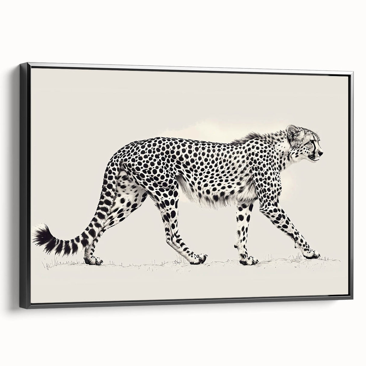 Framed wall art featuring a black side view of a cheetah, showcasing its striking spots and sleek form, perfect for wildlife decor enthusiasts.