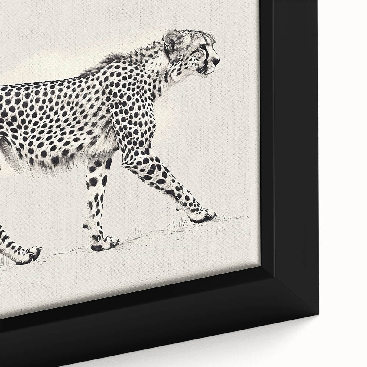 Close-up of a framed canvas wall art piece showcasing a striking cheetah design, featuring vibrant colors and intricate details, ideal for wildlife enthusiasts and home decor.