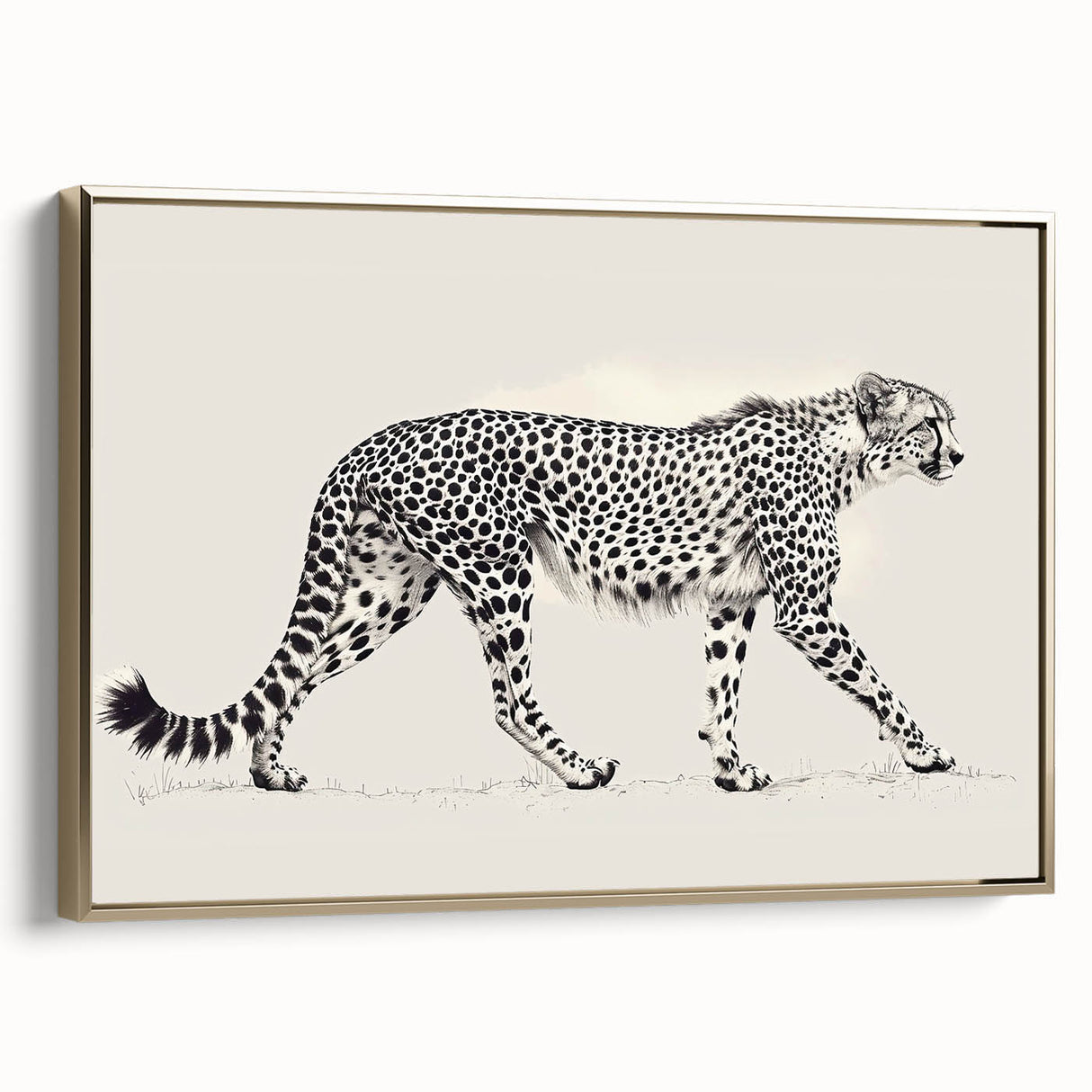 Framed wall art featuring a side view of a cheetah in a gold design, showcasing intricate details and vibrant colors that enhance any wildlife-themed decor.