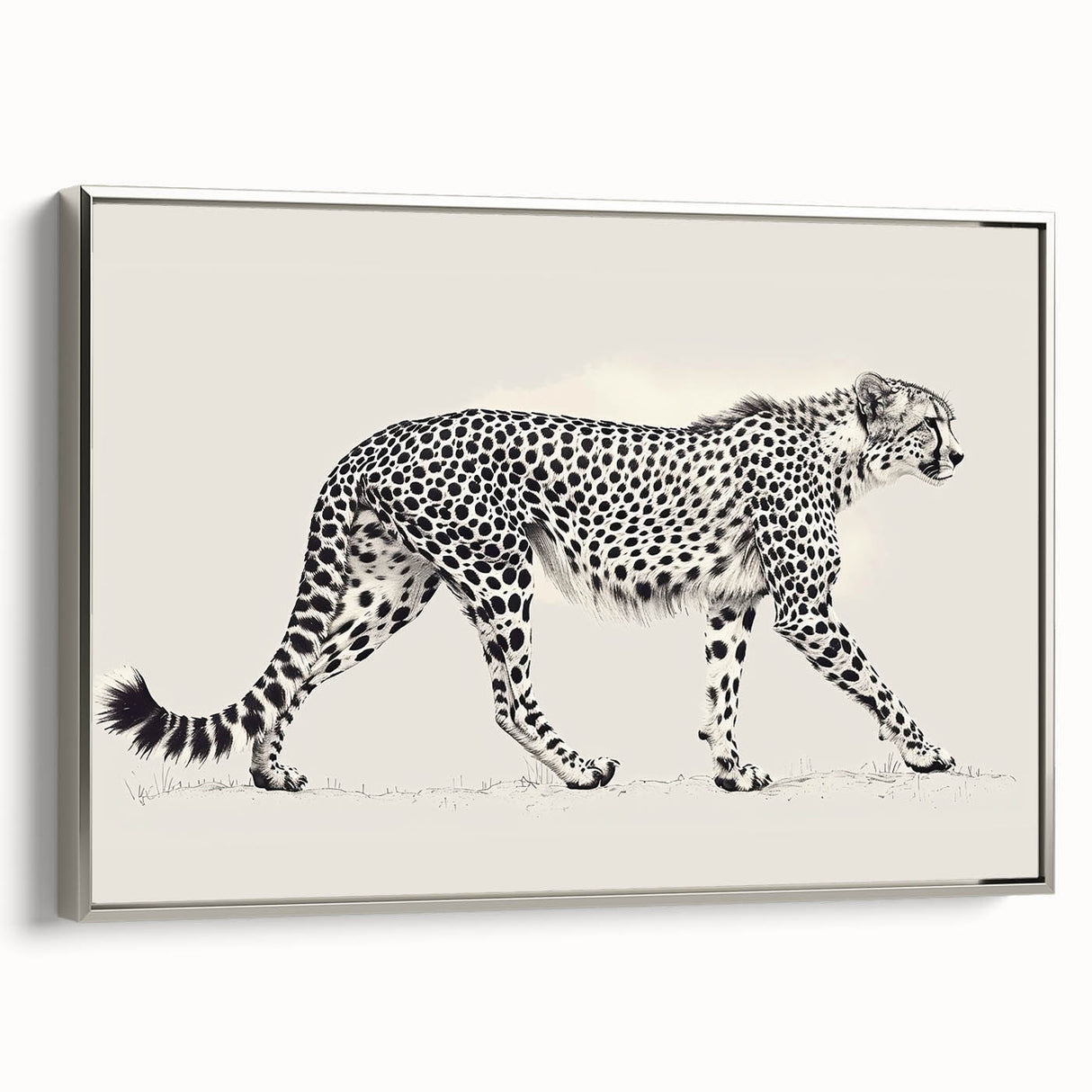 Framed canvas wall art showcasing a sleek silver side view of a cheetah in a wild landscape, ideal for animal lovers and modern home decor enthusiasts.