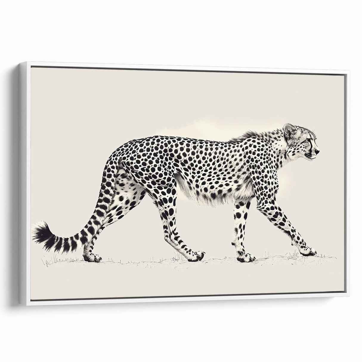 Framed wall art featuring a stunning side view of a cheetah in a white background, showcasing its elegant form and vibrant fur patterns, ideal for animal lovers and home decor enthusiasts.