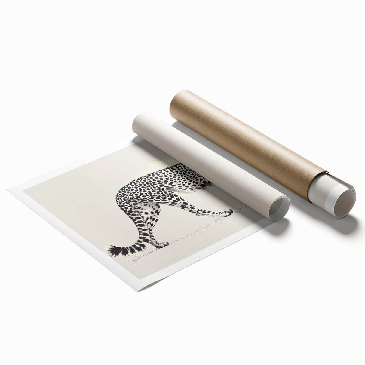 Cheetah wall art print showcasing a vibrant, detailed illustration of a cheetah in a wild setting, rolled for easy display and shipping, perfect for animal lovers.