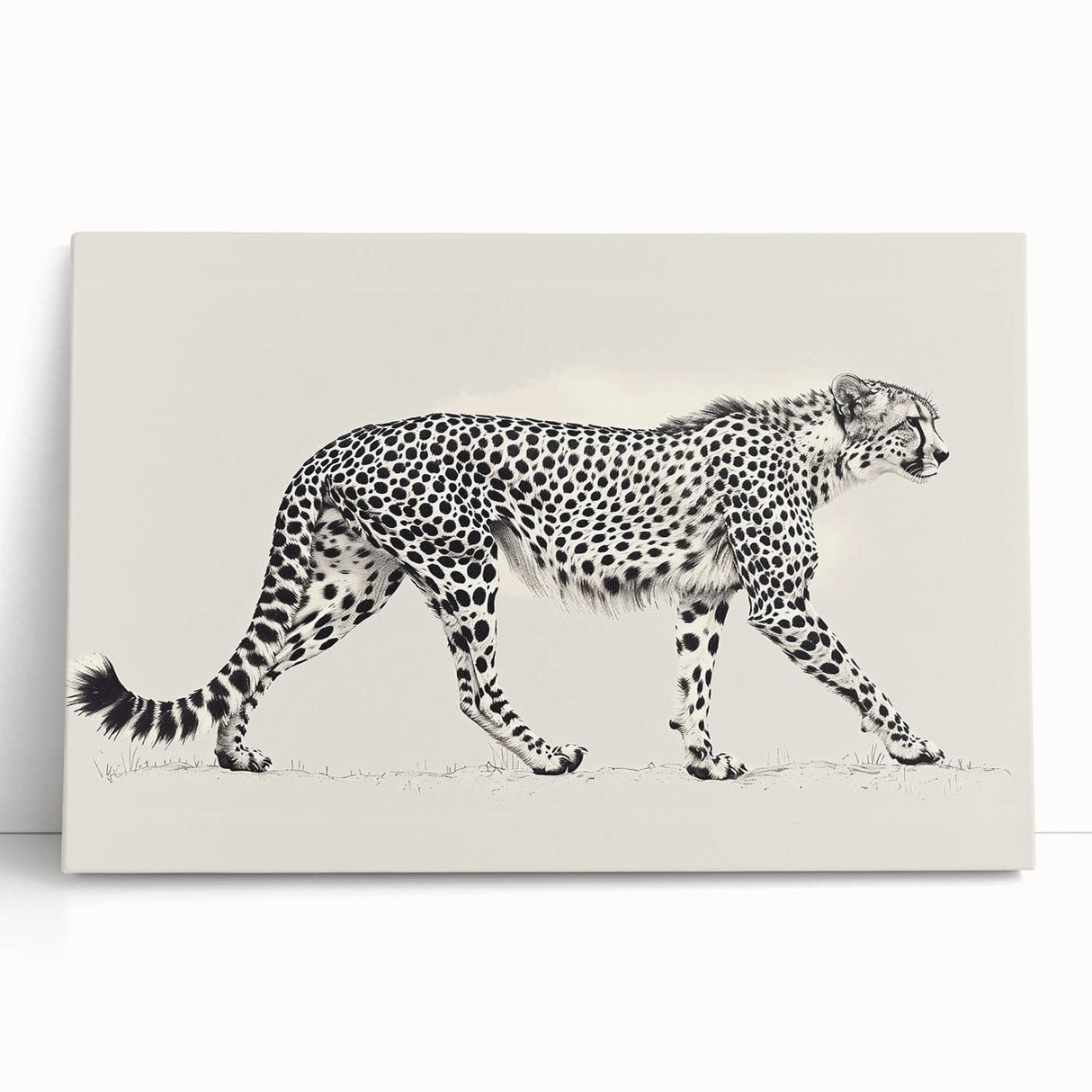 Cheetah wall art design on stretched canvas, featuring vibrant colors and detailed textures, showcasing wildlife elegance for home decor enthusiasts.