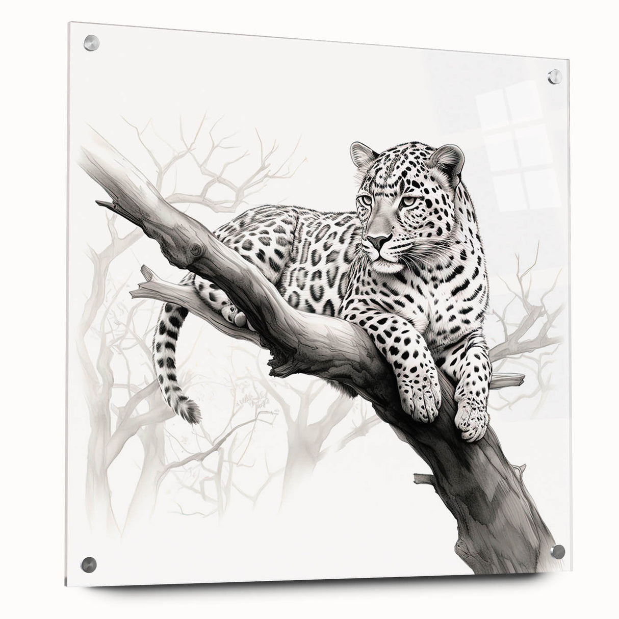 Side view of a cheetah design wall art piece, showcasing vibrant colors and intricate details on clear acrylic glass, elegantly mounted with pins for a modern display.
