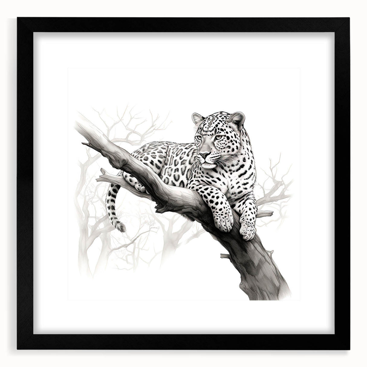Cheetah-themed wall art design featuring a striking black frame and mat, showcasing a vibrant depiction of a cheetah in its natural habitat, perfect for wildlife enthusiasts.
