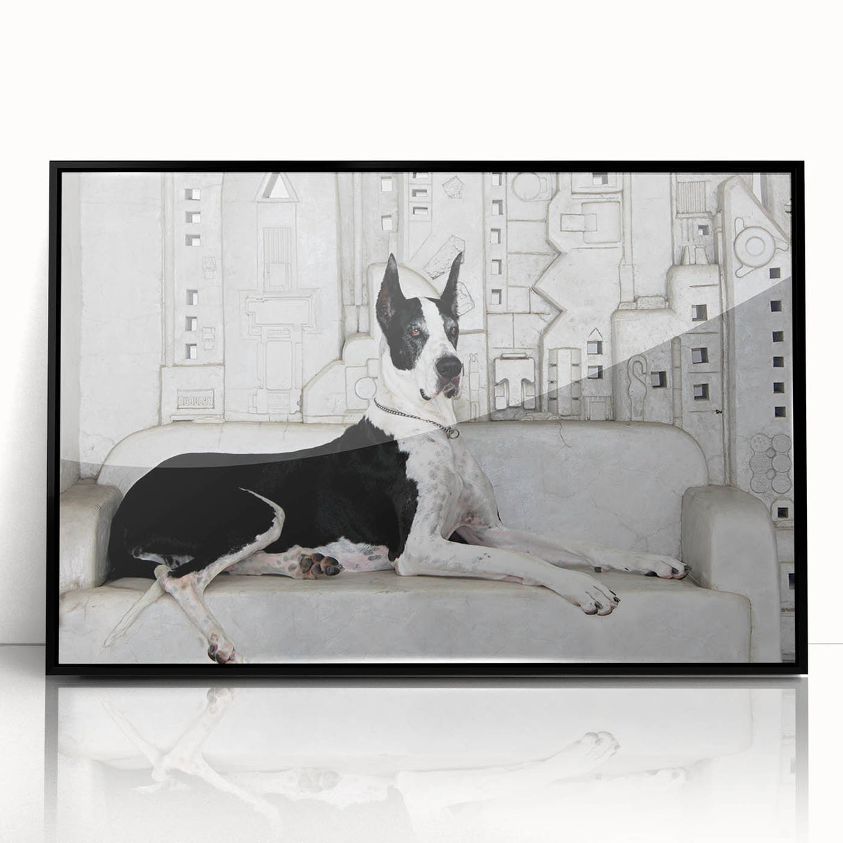Framed wall art showcasing a vibrant design of wild dogs in a natural setting, featuring a sleek black frame that enhances the colorful acrylic artwork, ideal for animal lovers and home decor enthusiasts.