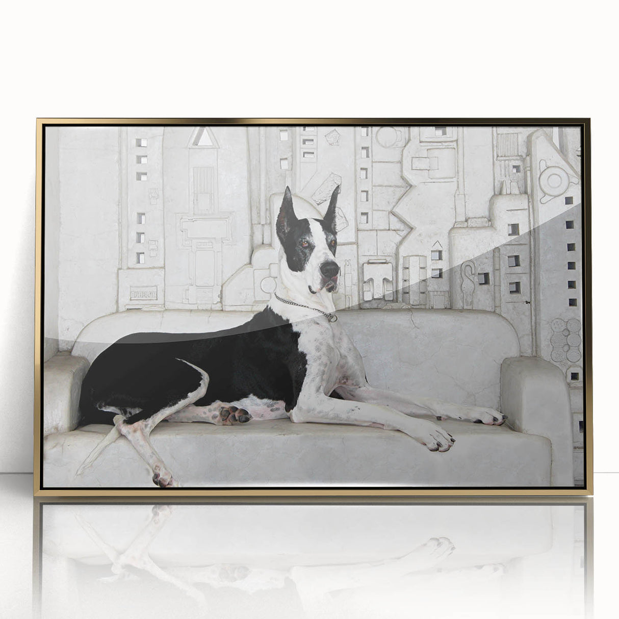 Framed wall art collection showcasing a vibrant dogs design in bold colors, featuring a gold acrylic frame that enhances the artwork's visual appeal. Ideal for animal lovers and home decor enthusiasts.