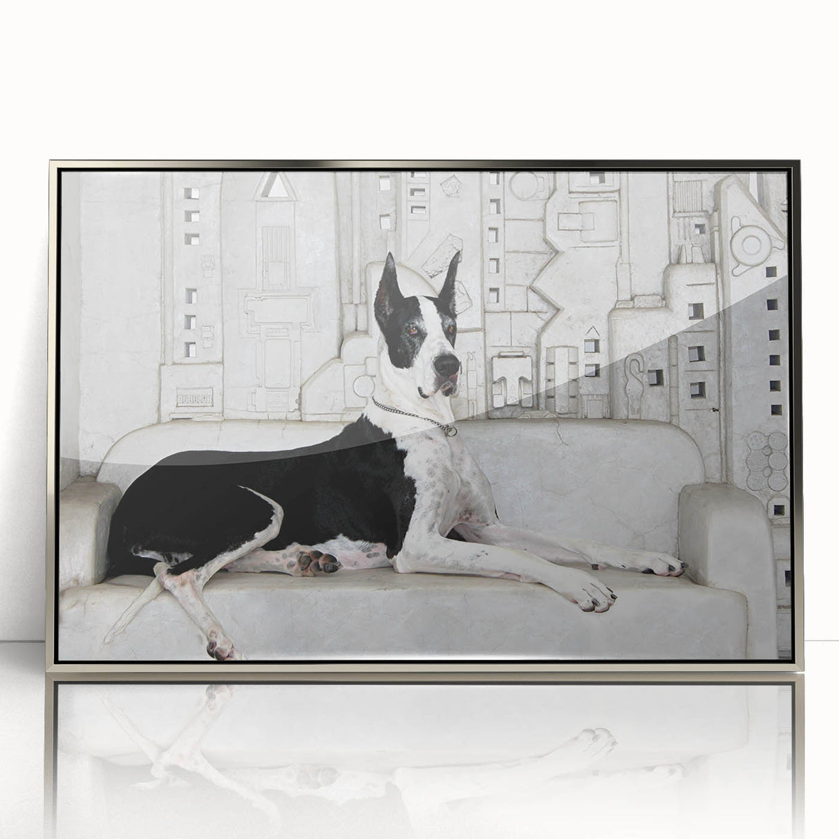 Framed wall art featuring a stylish acrylic design of dogs in a wildlife setting, showcasing vibrant colors and a modern silver frame, ideal for animal lovers.
