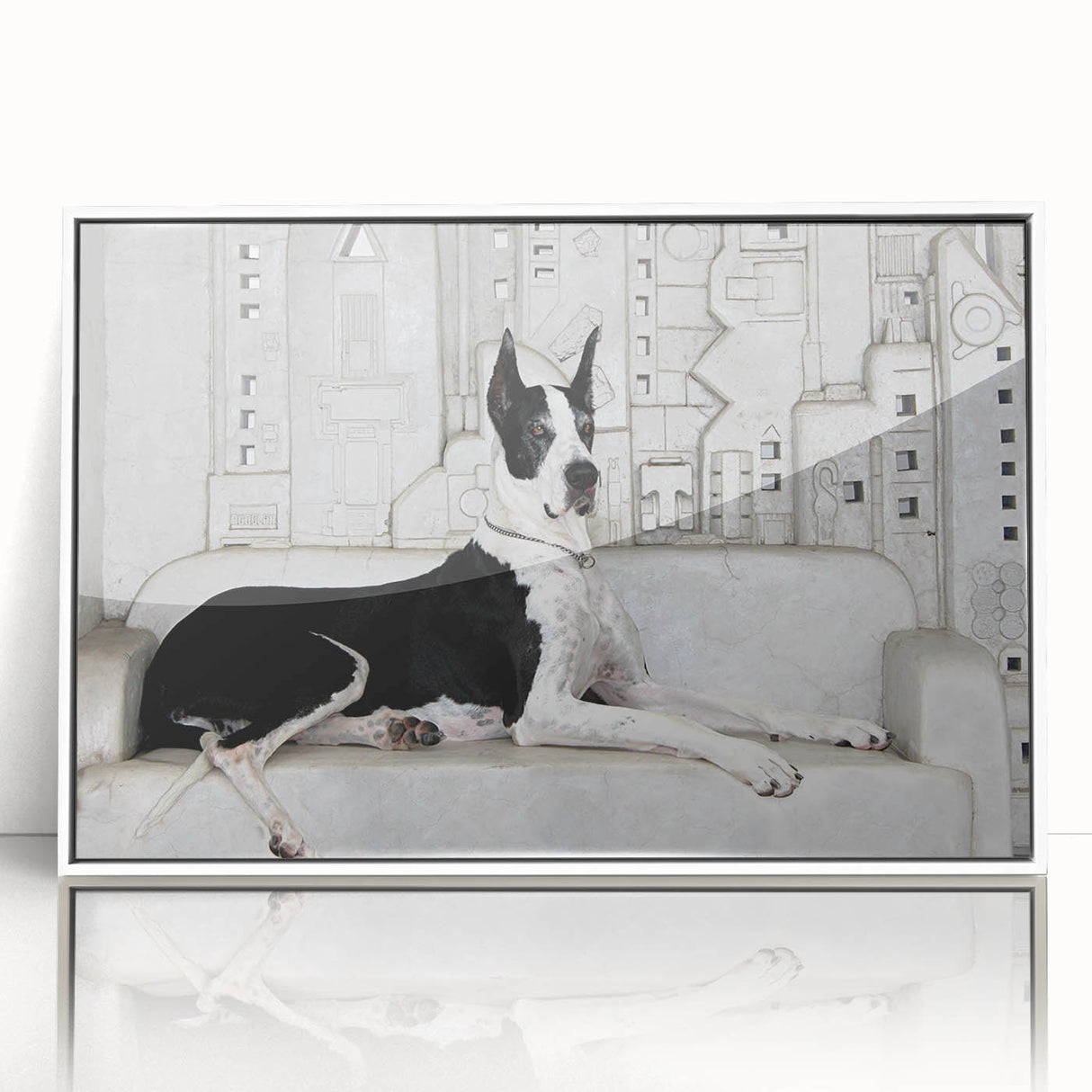 Framed wall art featuring a vibrant design of various dog breeds in a wild-life style, showcased in an elegant white frame against a clean background.