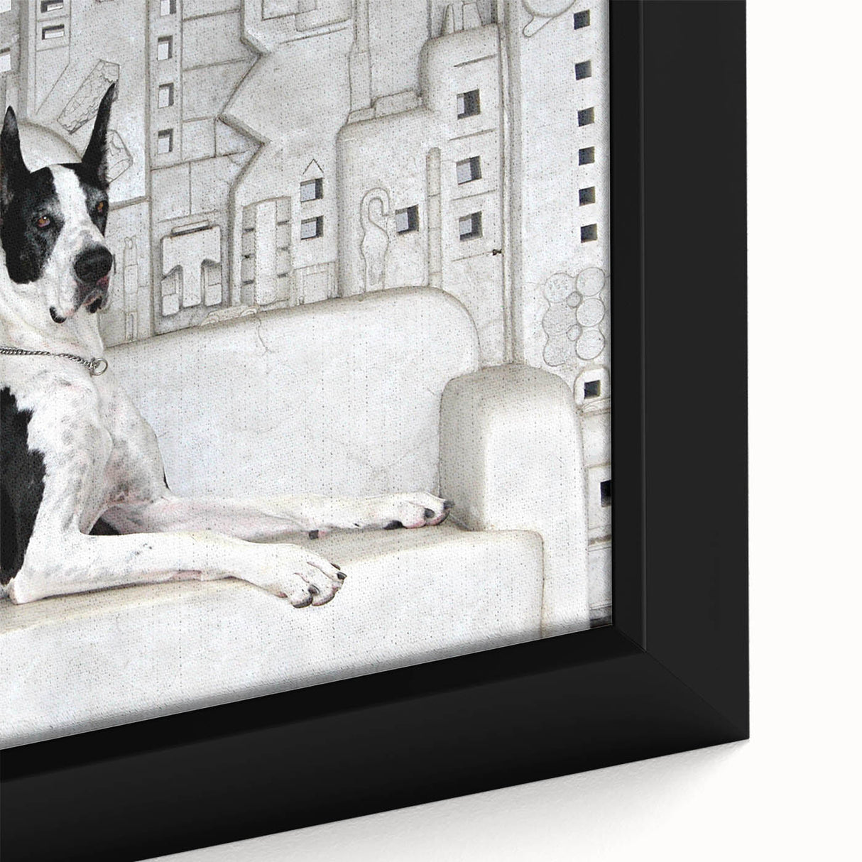 Close-up of a framed canvas wall art collection featuring vibrant dog illustrations, showcasing various breeds in a playful, colorful design, perfect for animal lovers.