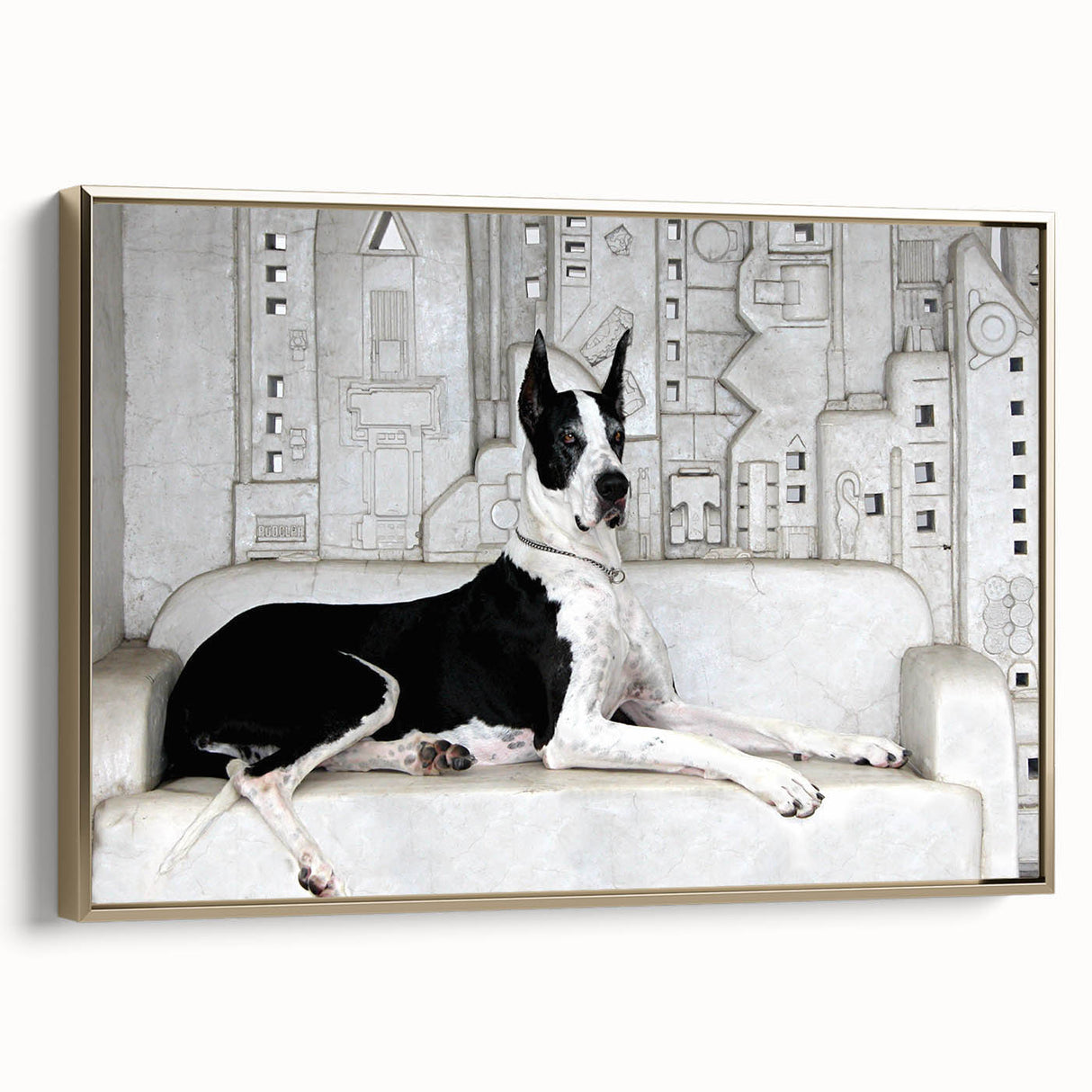 Framed canvas wall art of a dog design from the "Animals: A Wild Life" collection, featuring a golden frame and vibrant colors, perfect for pet lovers’ decor.