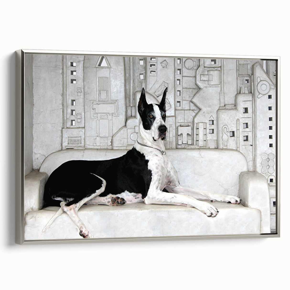 Framed wall art collection featuring a vibrant, stylized design of various dog breeds in a playful setting, with a sleek silver frame enhancing its modern aesthetic. Ideal for animal lovers and home decor enthusiasts.
