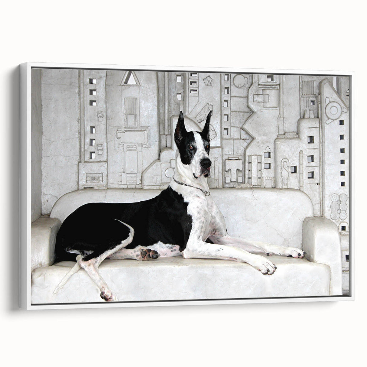 Framed wall art featuring a vibrant design of various dog breeds in a whimsical, colorful style, set against a white background, perfect for animal lovers.