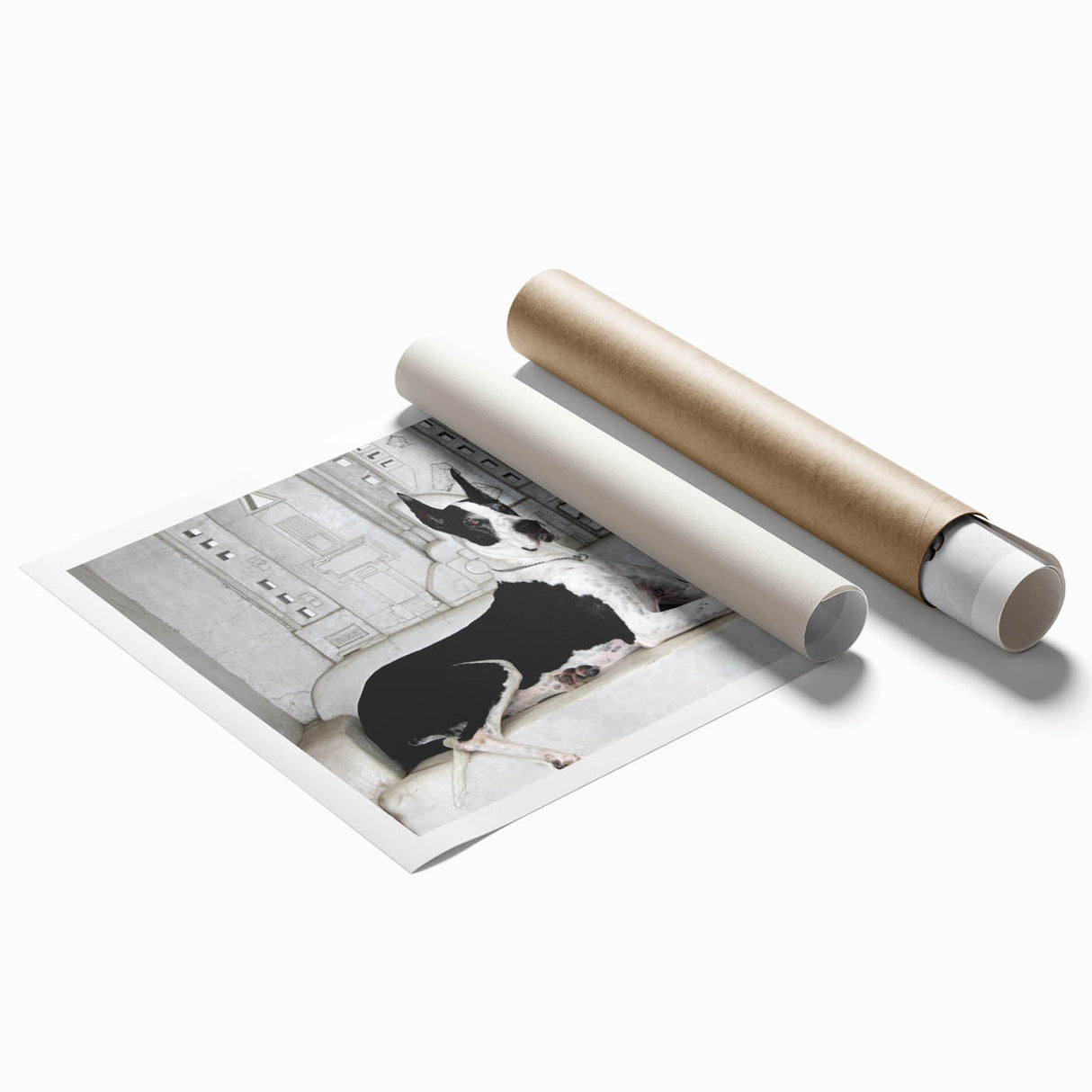 Vibrant rolled wall art print featuring a playful design of various dog breeds surrounded by colorful foliage, perfect for animal lovers and home decor enthusiasts.