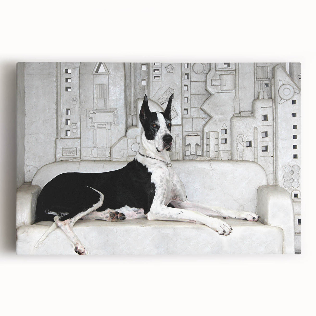 Canvas wall art featuring a vibrant design of various dog breeds, showcasing detailed illustrations in a playful composition, ideal for animal lovers’ decor.