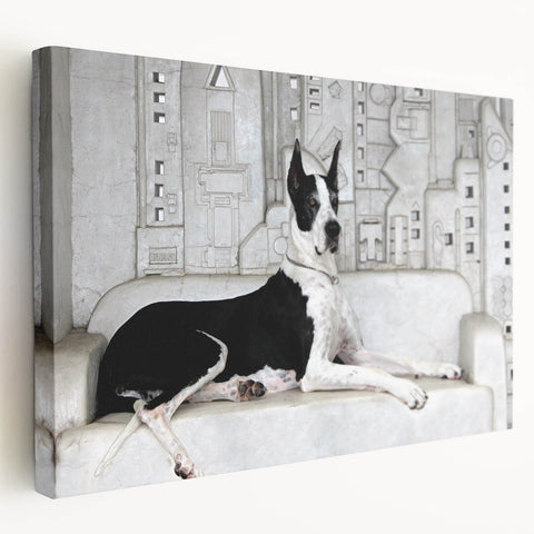 Stretched canvas wall art depicting a vibrant design of various dog breeds, showcasing rich colors and intricate details, ideal for pet lovers' home decor.