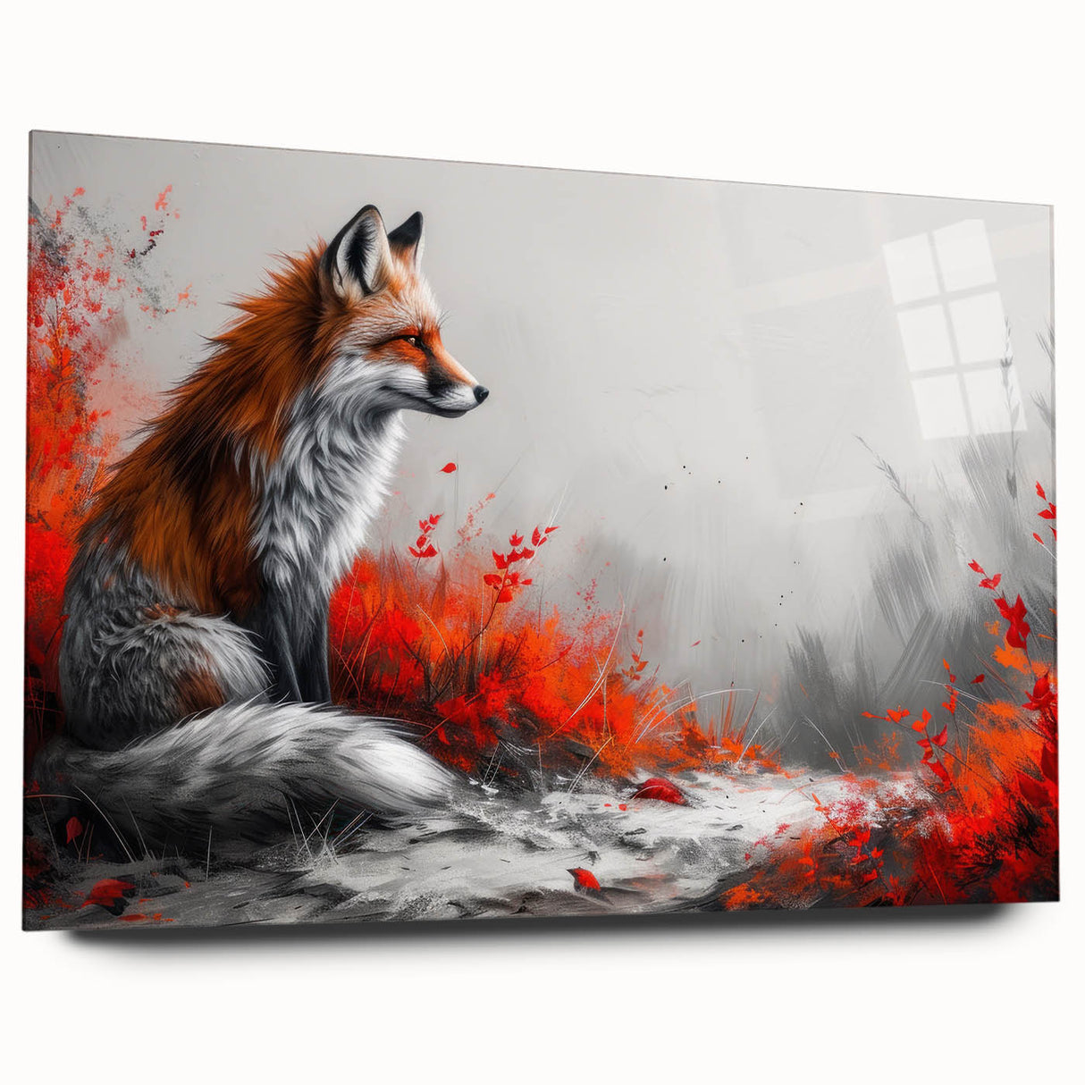 Vibrant acrylic glass wall art featuring a fox design from the "Animals - A Wild Life" collection, showcasing detailed color gradients and a sleek side view. Perfect for modern decor.