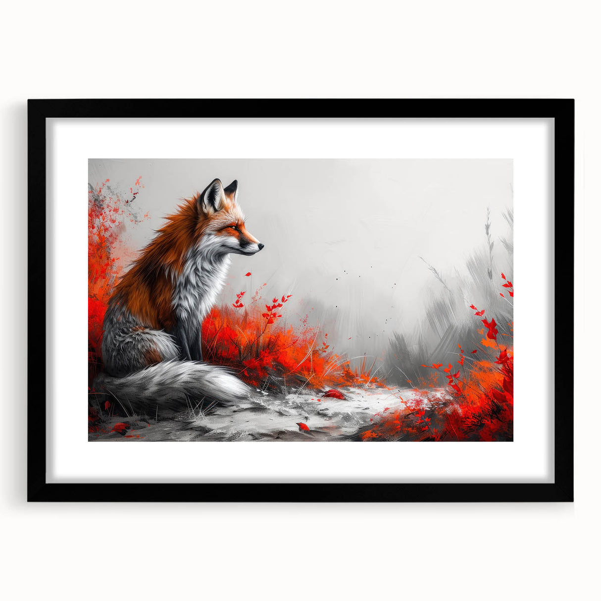 Framed wall art featuring a striking fox design from the "Animals of the Wild" collection, showcasing vibrant colors on a black mat, perfect for wildlife enthusiasts.
