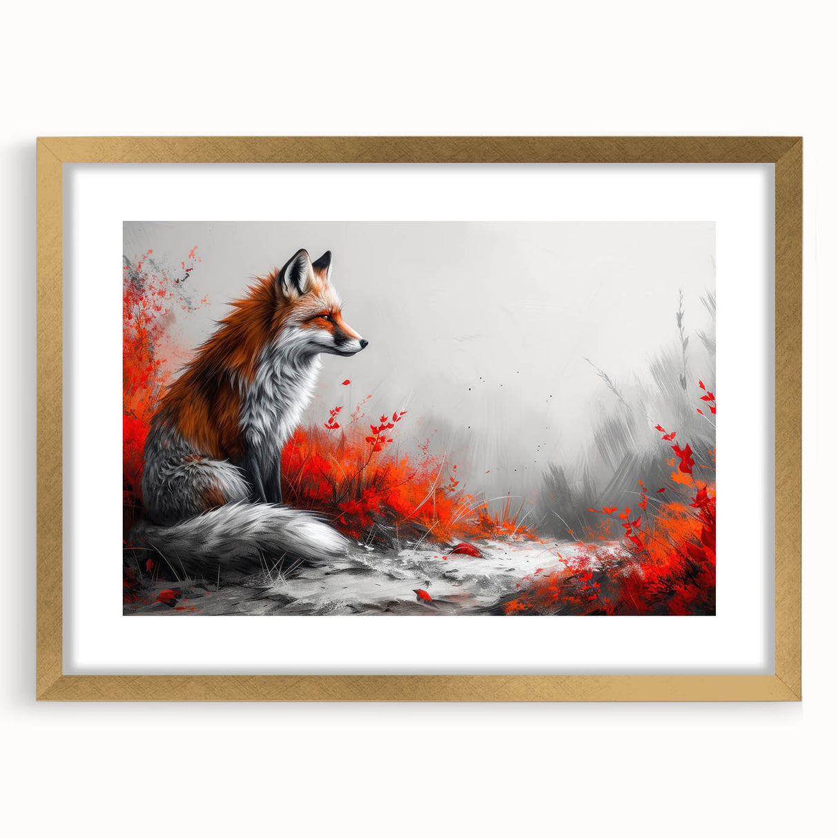 Gold-framed wall art featuring a whimsical fox design, showcasing vibrant colors and intricate details, perfect for adding a touch of nature to home decor.