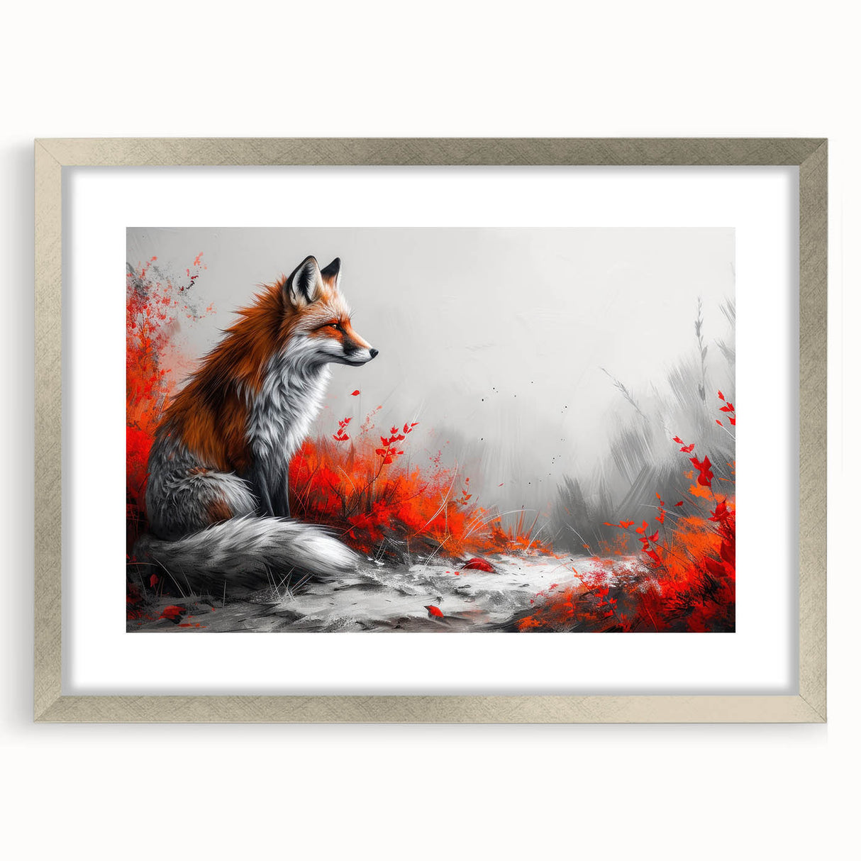 Framed wall art collection featuring a striking silver-matted design of a fox, showcasing vibrant colors and intricate details, perfect for wildlife enthusiasts.