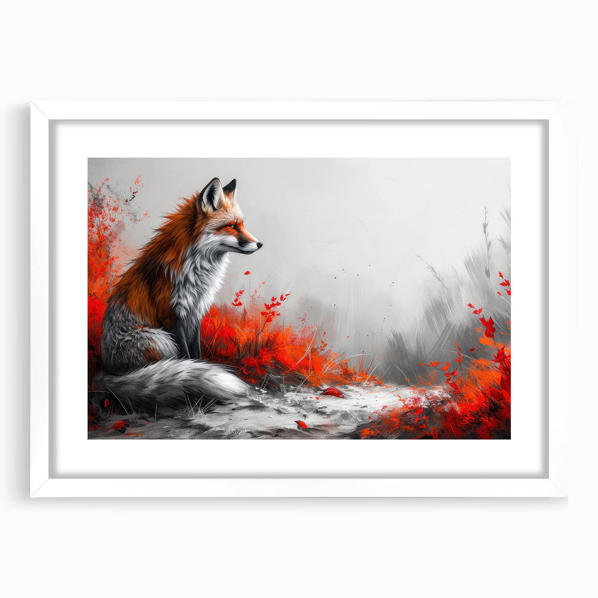 Framed wall art featuring a stylized fox design in a white mat, showcasing vibrant colors and intricate details, perfect for animal lovers and home decor enthusiasts.