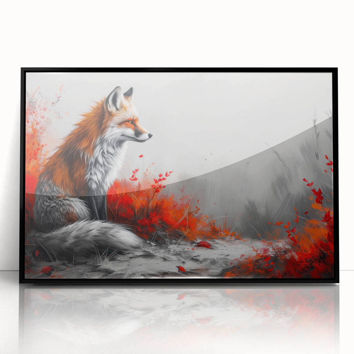 Framed wall art featuring a vibrant fox design, set against a sleek black background, perfect for adding a touch of nature-inspired decor to any space.