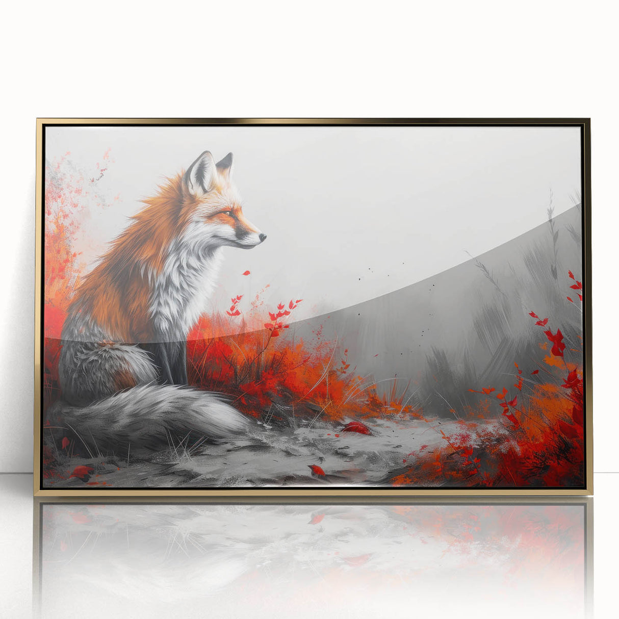 Framed wall art featuring a vibrant fox design in a gold-acrylic frame, showcasing intricate details and rich colors, ideal for wildlife enthusiasts and modern decor.