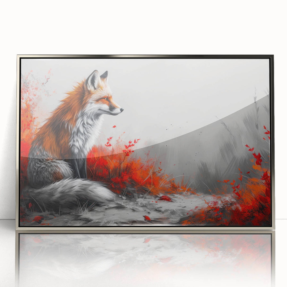 Framed acrylic wall art featuring a sleek silver border, showcasing a vibrant fox design in a wild-life theme, ideal for home or office decor.