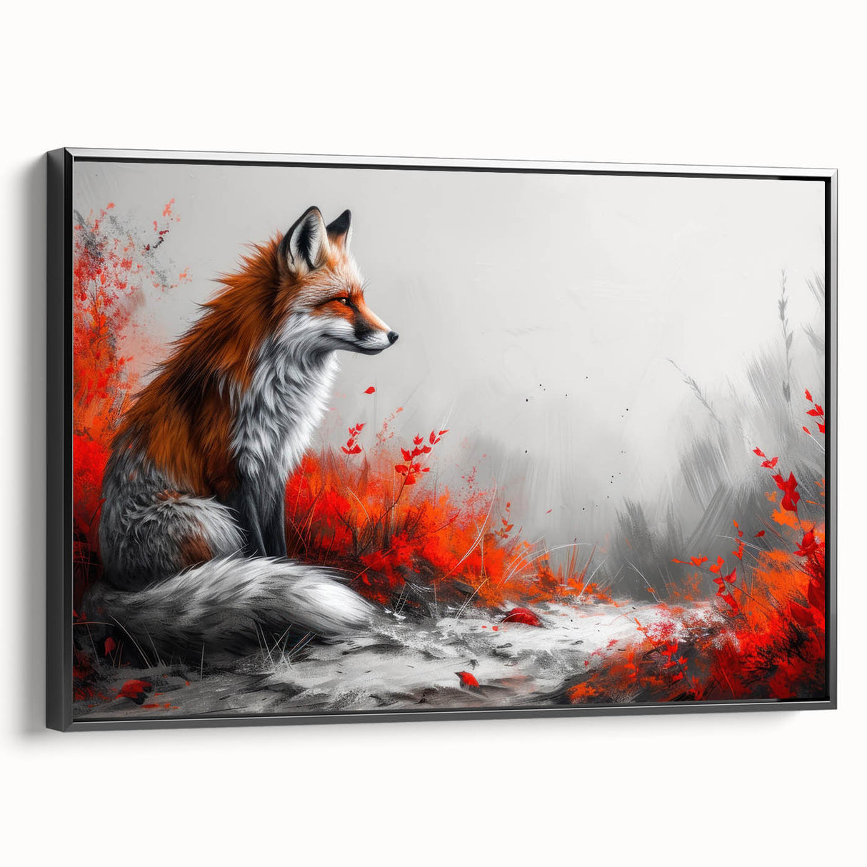 Framed wall art showcasing a striking black fox design on canvas, highlighted by a sleek black frame, perfect for home decor enthusiasts. Ideal for wildlife lovers and modern art collectors.