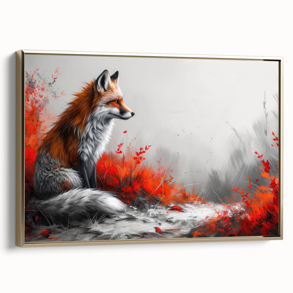 Framed canvas wall art featuring a striking fox design in warm golden tones, showcasing intricate details and textures, perfect for wildlife enthusiasts and home decor.