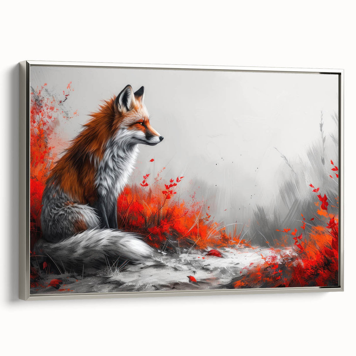 Framed canvas wall art featuring a silver side view of a fox design, showcasing intricate details and vibrant colors, perfect for wildlife-themed decor.