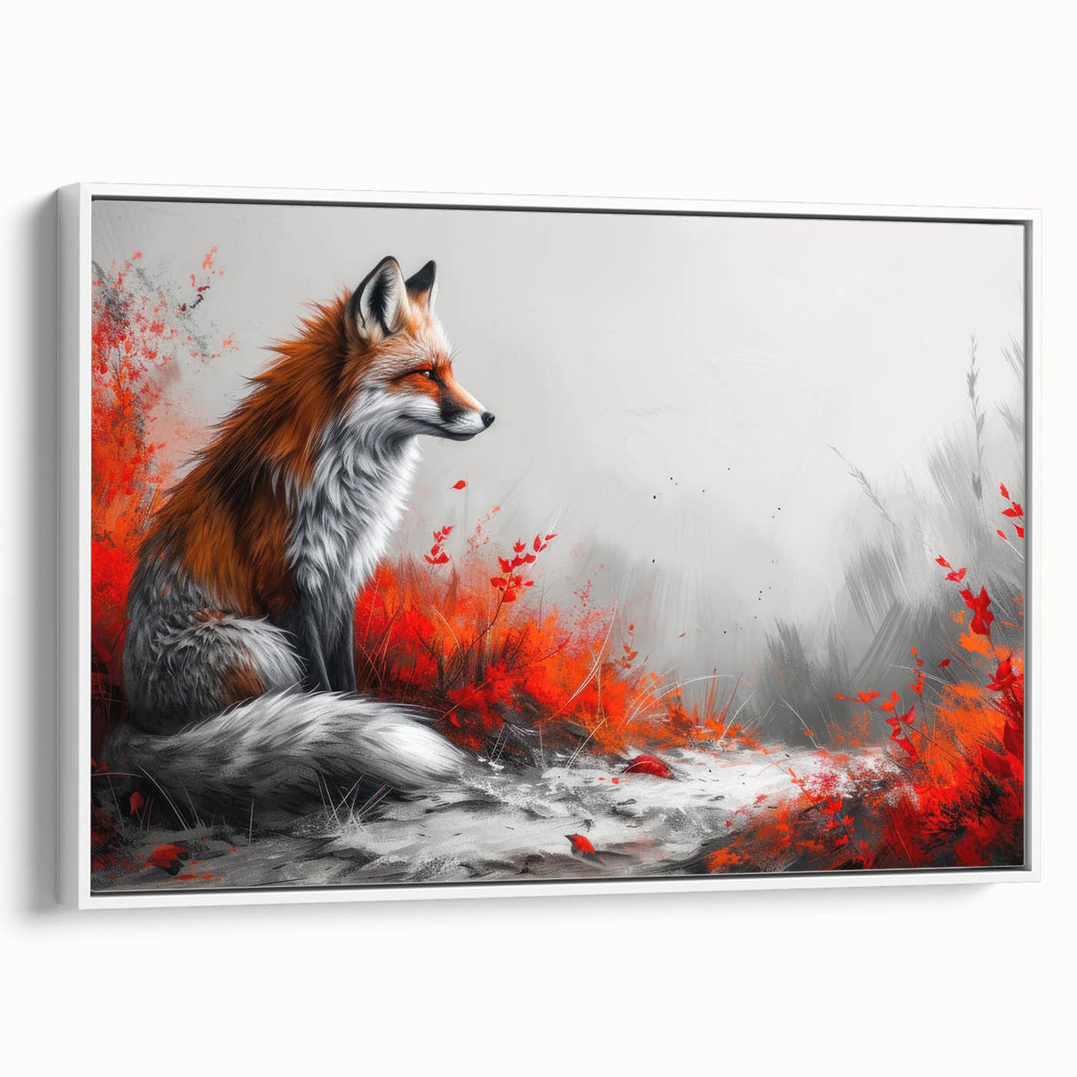 Framed canvas artwork showcasing a stylish fox design from the "Animals A Wild Life" collection, featuring a white background and side view, perfect for modern decor.
