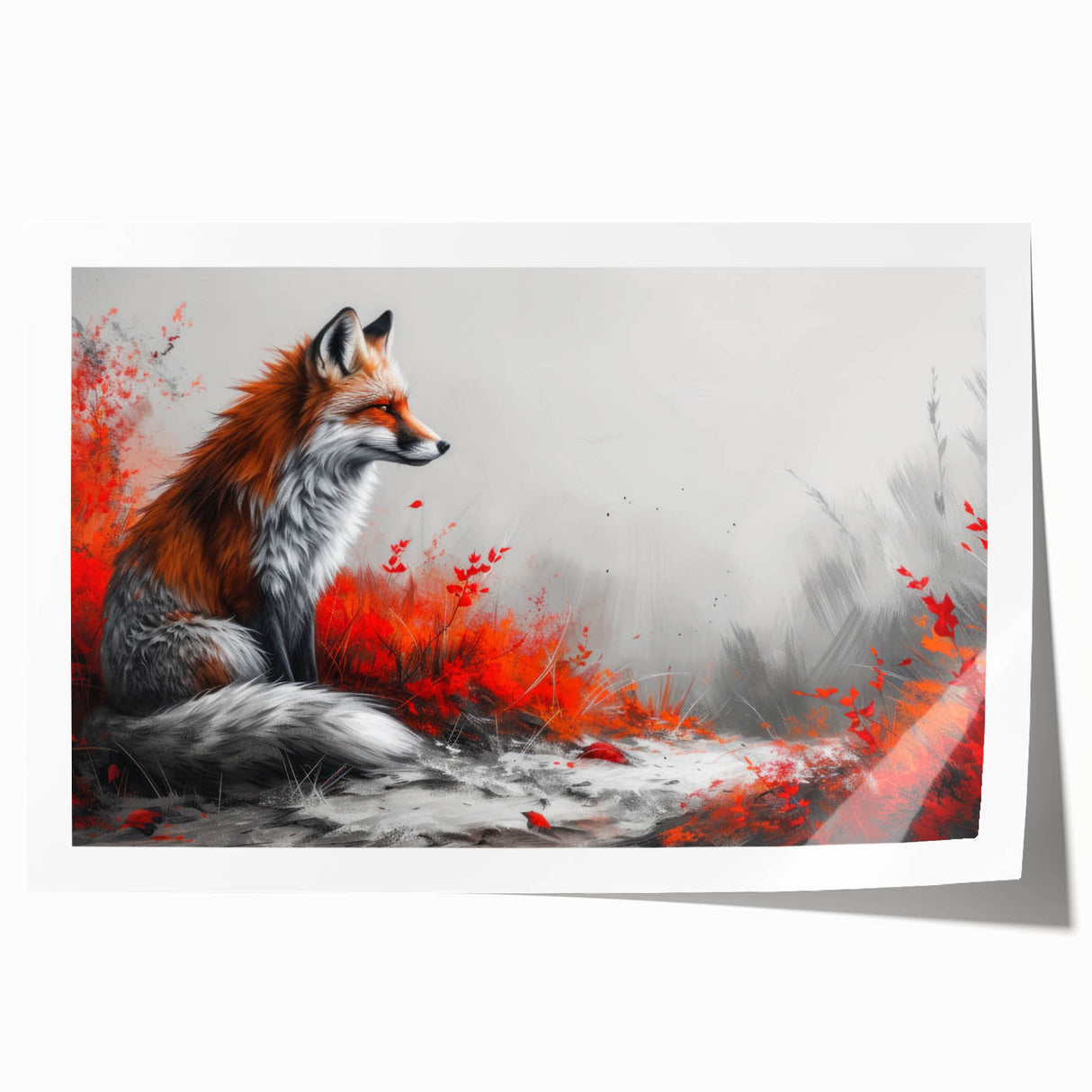Vibrant rolled print of a fox design from a wildlife wall art collection, showcasing detailed fur textures and bright colors, ideal for home decor enhancement.