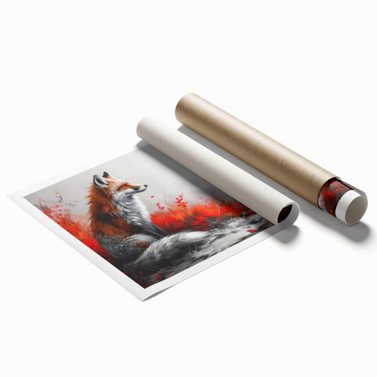 Vibrant rolled wall art print showcasing a stylized fox design, perfect for animal lovers and home decor enthusiasts, featuring rich colors and intricate details. Ideal for enhancing any living space or gallery wall display.