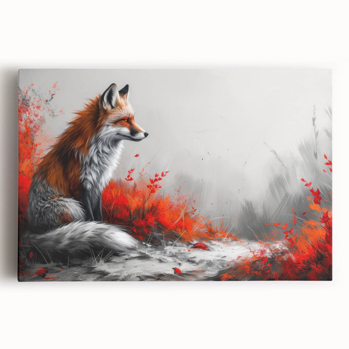 Stretched canvas wall art featuring a detailed fox design in vibrant colors, showcasing its fur texture and expressive eyes, ideal for animal lovers' decor.