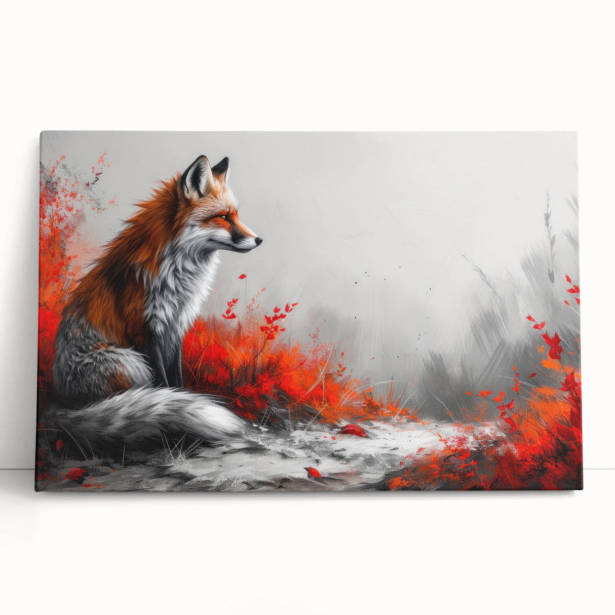 Stretched canvas wall art featuring a vibrant fox design, showcasing rich colors and intricate details, perfect for animal lovers and modern decor.