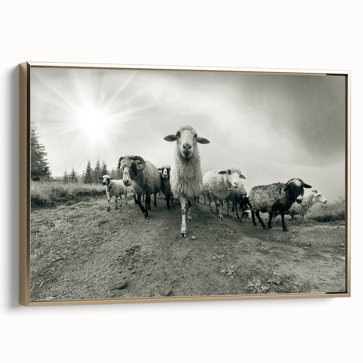 Framed wall art featuring a stylish goat design in gold tones, showcasing a modern aesthetic against a neutral background, perfect for animal lovers and contemporary decor.