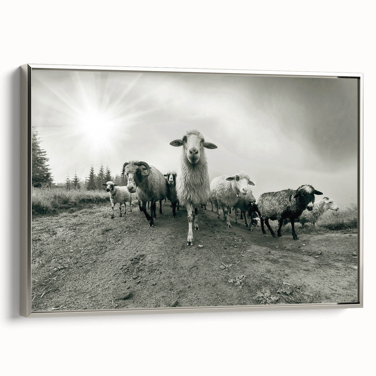 Framed canvas wall art depicting a stylized goat design, showcasing intricate details in silver tones, ideal for animal lovers and modern decor enthusiasts.