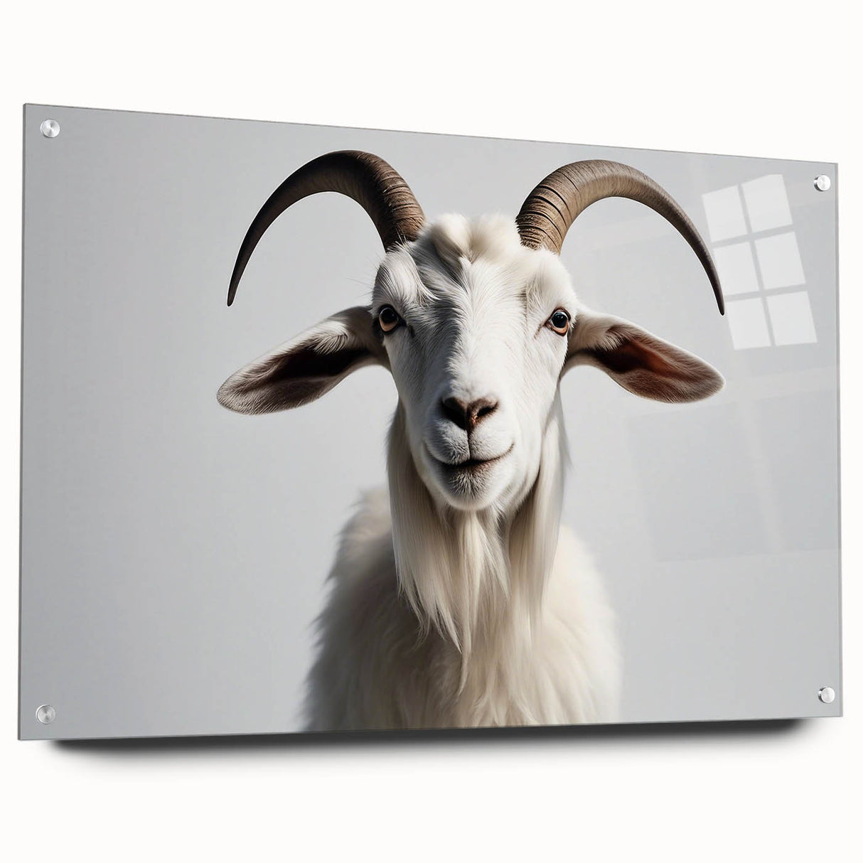 Acrylic glass wall art showcasing a vibrant goat design, mounted with pins for easy display. The artwork features detailed textures and colors, perfect for animal lovers.