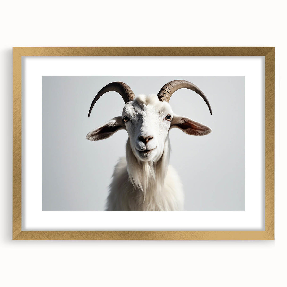 Framed wall art showcasing a stylish goat design in gold framing, featuring a matte finish, perfect for adding a modern touch to any home decor.
